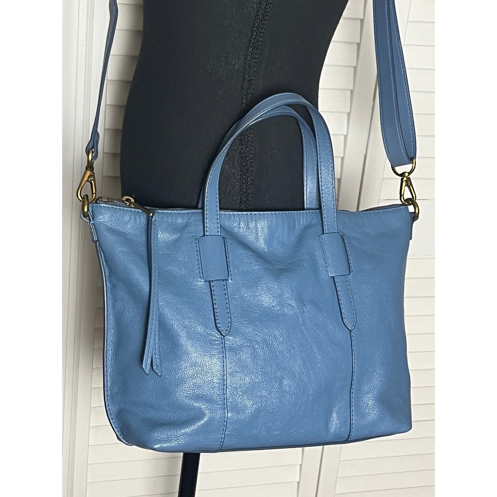 Fossil Blue Skylar Satchel Leather Shoulder Crossbody Bag Purse - Picture 2 of 13